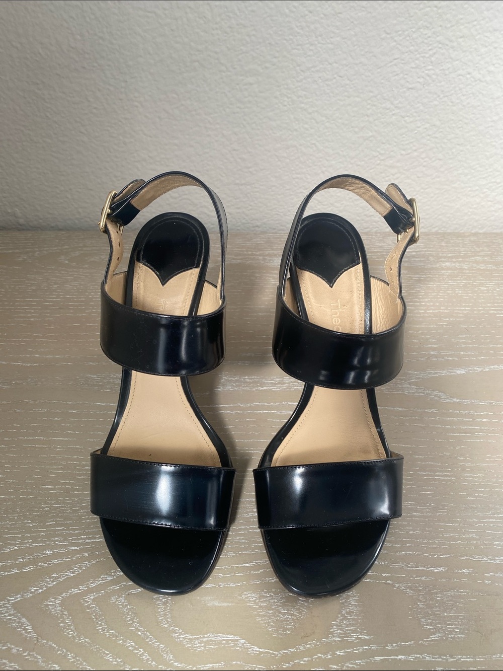 Theory Black Two-Strap Slingback Sandals with wood block heel